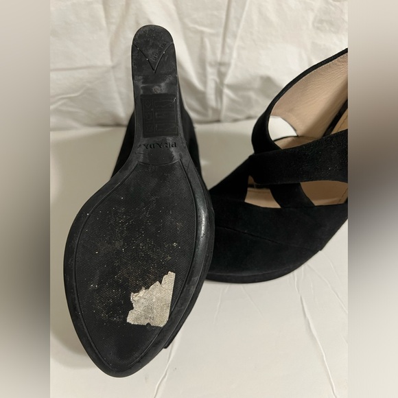 Prada Suede Sandals Black Cutout Accent Slingback Wedge Style Quality Leather - Picture 6 of 7